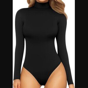 MANGOPOP Women's Mock Turtleneck Long Sleeve Bodysuit in Black and Size Medium